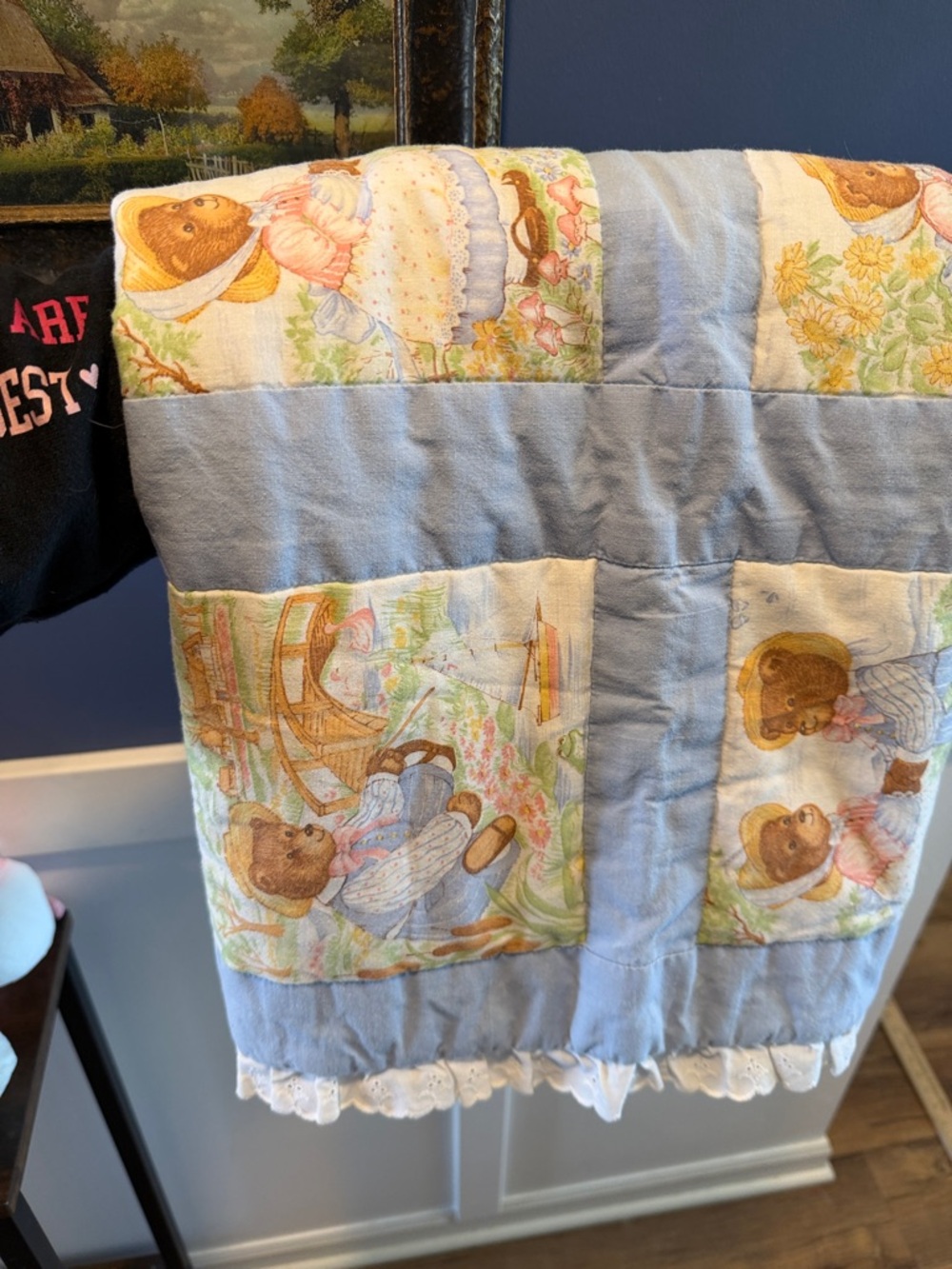 Blue Teddy Bear Patchwork Baby Quilt with Lace Trim - Picture 6 of 6